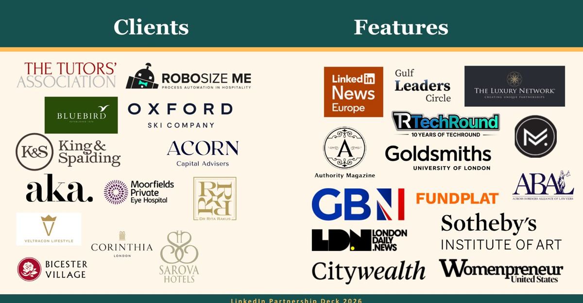Star-CaT clients including Corinthia London, Oxford Ski Company and Bicester Village, and features including LinkedIn News, GB News and Sotheby's Institute of Art