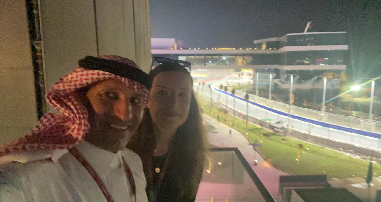 Corina Goetz with a Saudi friend at the Saudi Arabian Grand Prix in Jeddah